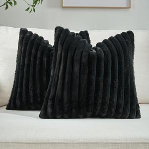 FUTEI Black Throw Pillow Covers Set of 2, 20x20 Inch Soft Faux Rabbit Fur Striped Texture Cushion Cases, Modern Decorative Couch Pillows for Living Room Bed