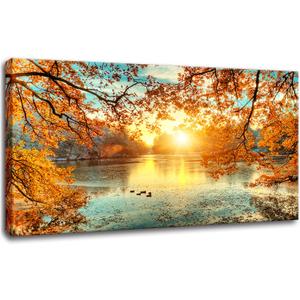Yxbhhym-Landscape Tree Canvas Wall Art Fall Forest Sunset Wall Decor Poster Lake Water Pictures for bedroom wall dcor Natural Scenery Paintings Artwork Large Living Room Decor Home Office Decoration, 60"L x 30"W
