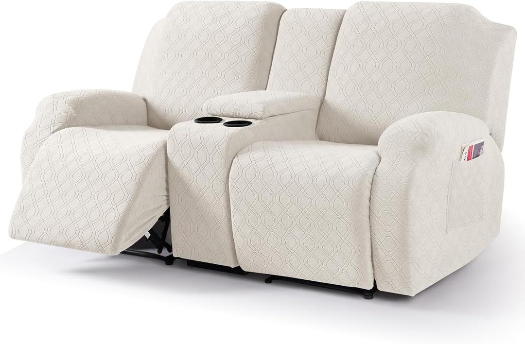 VANSOFY Recliner Loveseat Cover with Middle Console Stretch Reclining Sofa Slipcover for 2 Seat Jacquard Reclining Couch Sofa Covers Furniture Protector with Elastic Straps Bottom (Off White)