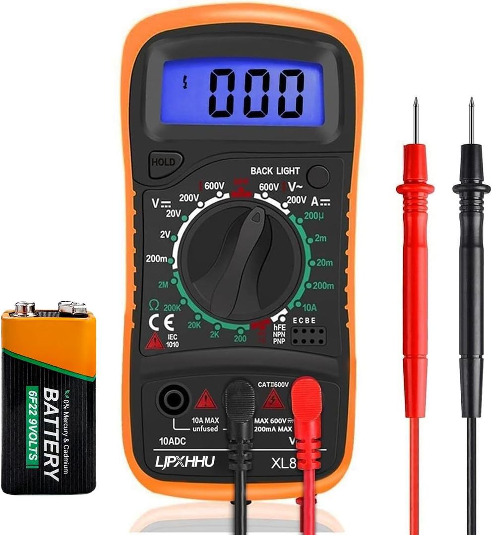 Digital Multimeter Voltmeter Battery Voltage Multi Tester Continuity Ohm Volt Amp DC AC Current Resistance Diodes 2000 Counts Electrical Test Meter with Leads Backlight LCD Display