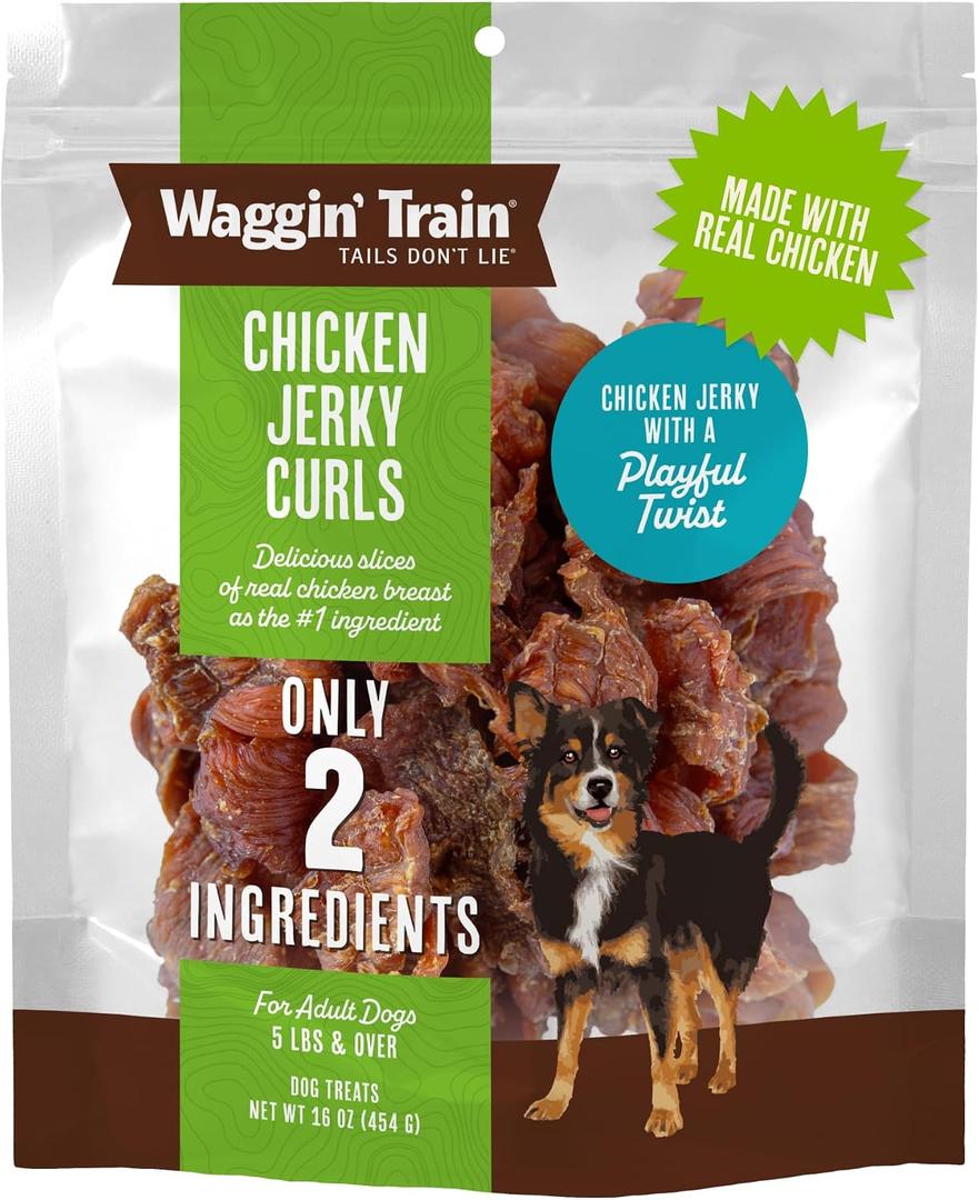 Waggin' Train Chicken Jerky Curls Dog Treats, Made with 100% Real Chicken Breasts, Only Two All-Natural Ingredients, Great High Protein Dog Treat, Easily Digestible for Big or Small Dogs, 16 oz. Pouch (EXP 02/16/28)