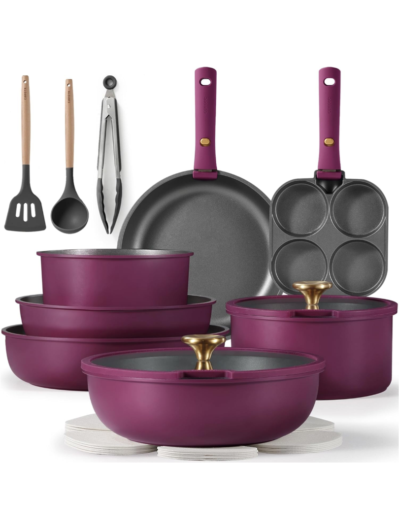 CAROTE 19pcs Pots and Pans Set, Nonstick Cookware Set Detachable Handle, Induction Kitchen Cookware Sets Non Stick with Removable Handle, RV Cookware Set, Gold and Purple