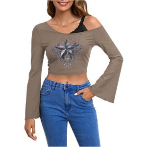 SOLY HUX Women's Y2k Graphic Tees Lace Trim Cold Shoulder Long Sleeve Star Print T Shirt Crop Tops (Dark Grey Star)