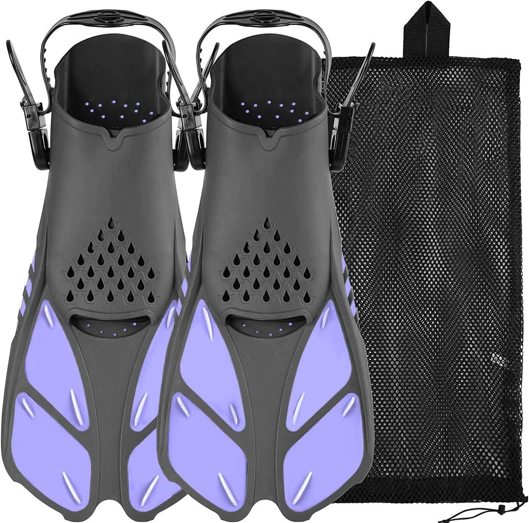 Sugaroom Swim Fins Open Heel, Adjustable Snorkel Fins Diving Fins with Mesh Bag, Snorkeling Gear Flippers Travel Size Short Flippers for Lap Swimming Scuba Dive Adult Men Women Kids (Purple), Size: L/XL(Adult US Size 9-13)