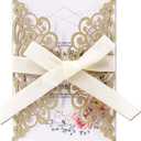 50Pcs Laser Cut Wedding Invitation With Glitter Envelopes And Ribbons Blank Personalized Card Invitaciones Para quinceaera Birthday Baby Shower Christmas Party Bridal Shower (Gold)