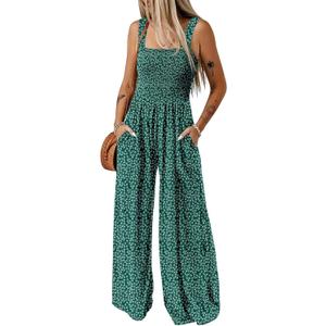 Happy Sailed Jumpsuits for Women Summer Casual Floral Print Sleeveless Jumpsuit High Waist Wide Leg Pant Rompers with Pockets (Green, XL)