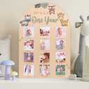 Wild Photo Board Jungle Animals Birthday Party Decorations Wooden Board 12 Monthly Milestone Picture Frame One Year Old 1st Birthday Banner for Baby Boy Girl Keepsake Gift Supplies (Fit 2.95x2.95 in Pic), 12x16 inches