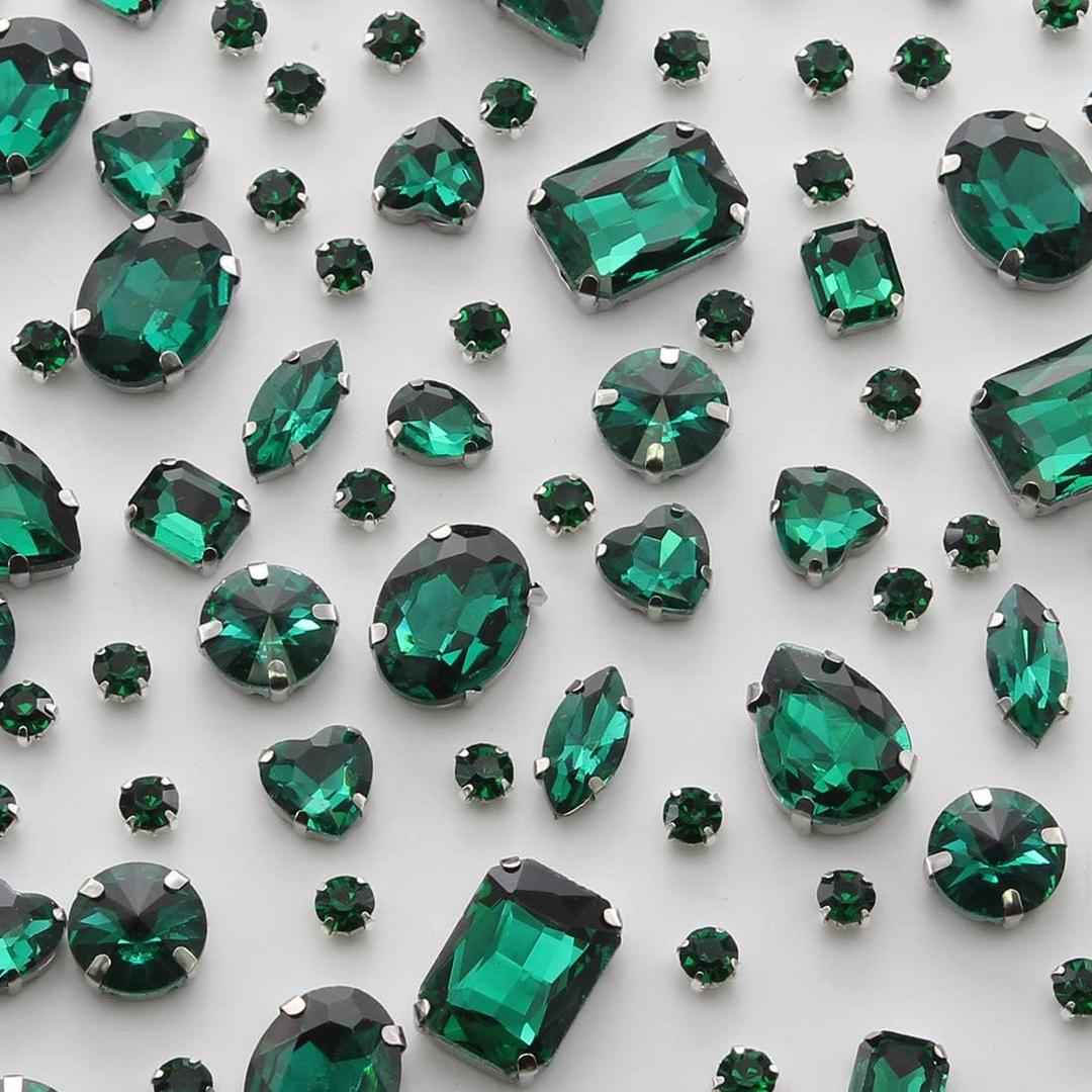 TANOSII Sew on Rhinestones 100 PCS Mixed Shapes Glass Rhinestones Sew on Crystal Gems Mental Flatback with Silver Claw for Jewelry Crafts Clothes Shoes Costume Garment Malachite Green