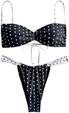 MakeMeChic Women's Polka Dots Bikini Set Tie Back Thong Summer Bathing Suit Swimsuit, Black, M