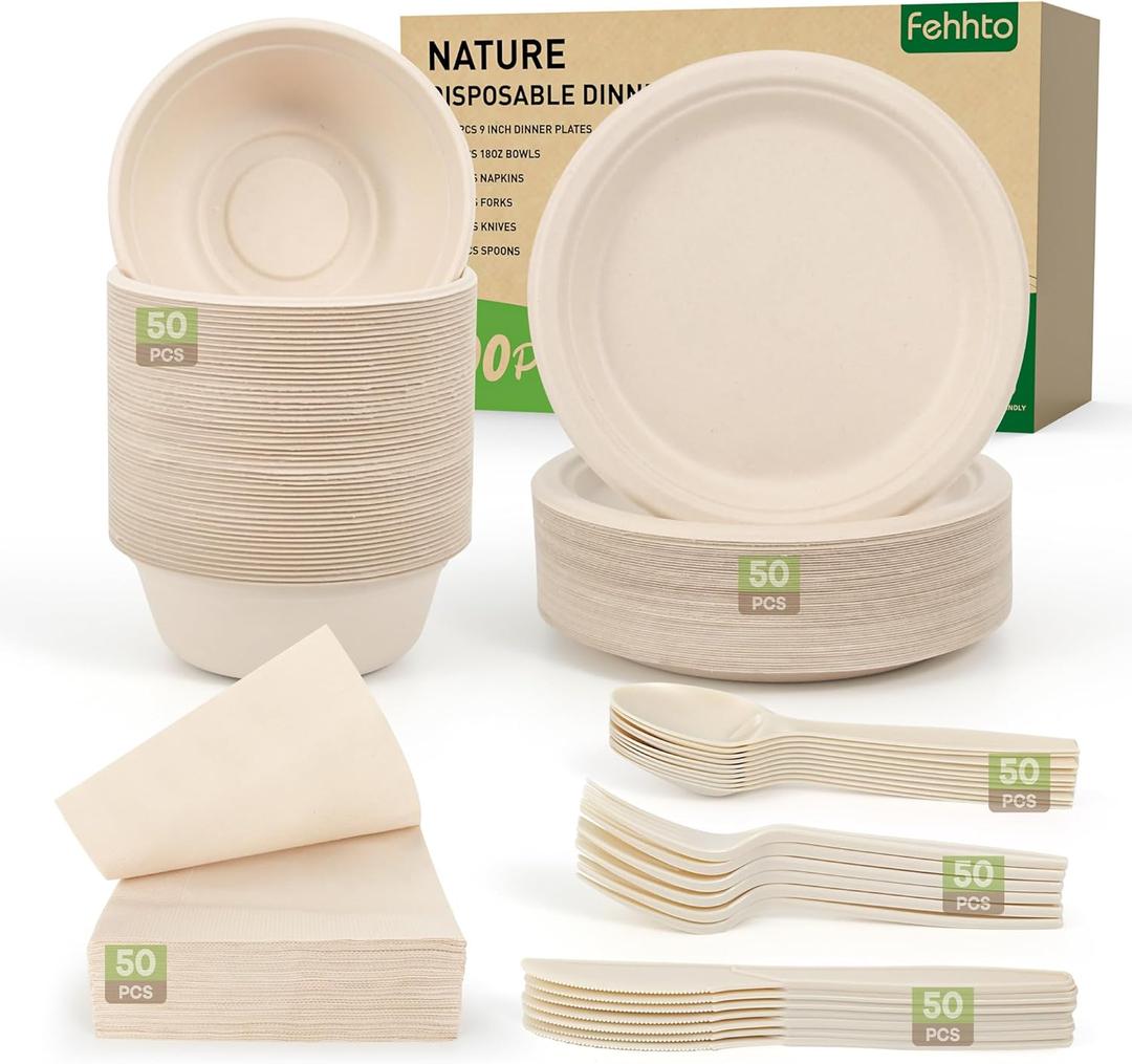 Disposable Paper Plates Set 300PCS Compostable Sugarcane Plates, Bowls, Heavy-duty Utensil, Biodegradable Napkins, Eco-friendly Dinnerware Set for Party Camping 50 People