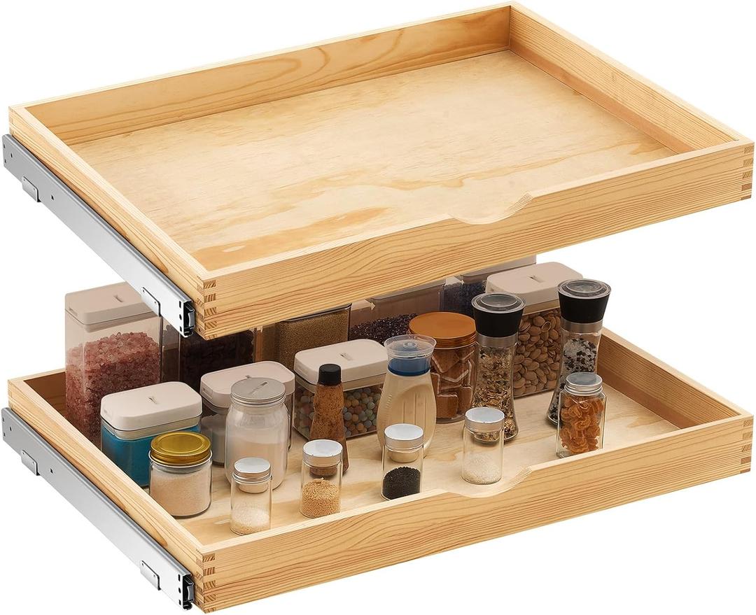 Menkxi 2 Set Wooden Pull out Cabinet Organizer Fully Assembled Slide out Pantry Drawer with Gentle Close Storage Shelf Tray for Base Kitchen Under Sink Bathroom Accessory(Wood Color,30'' X 21'' X 3")