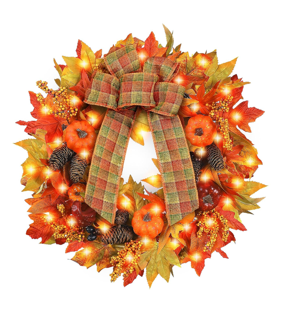Souarts 24'' Large Fall Wreath for Front Door with 30 LED Light, Artificial Autumn Wreaths Pumpkin Maple Pine Cone, Thanksgiving Indoor Outdoor Harvest Decor, A-light Orange-pine 17''