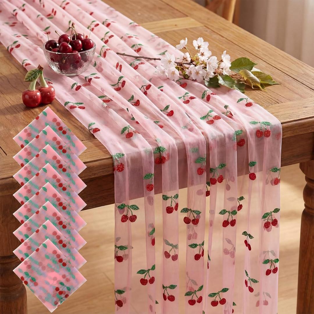 8 Pcs 29 X 70 Inch Cherry Shiny Glitter Tulle Table Runner Pink Sheer Lace Tablecloth for Party Decorations Shortcake Birthday Wedding Bridal Shower Party Home Kitchen Table Decor