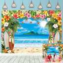 Summer Beach Backdrop Hawaiian Tropical Flower Palm Leaves Surfboard Background Banner Summer Party Decorations Photo Booth Props (7X5FT)