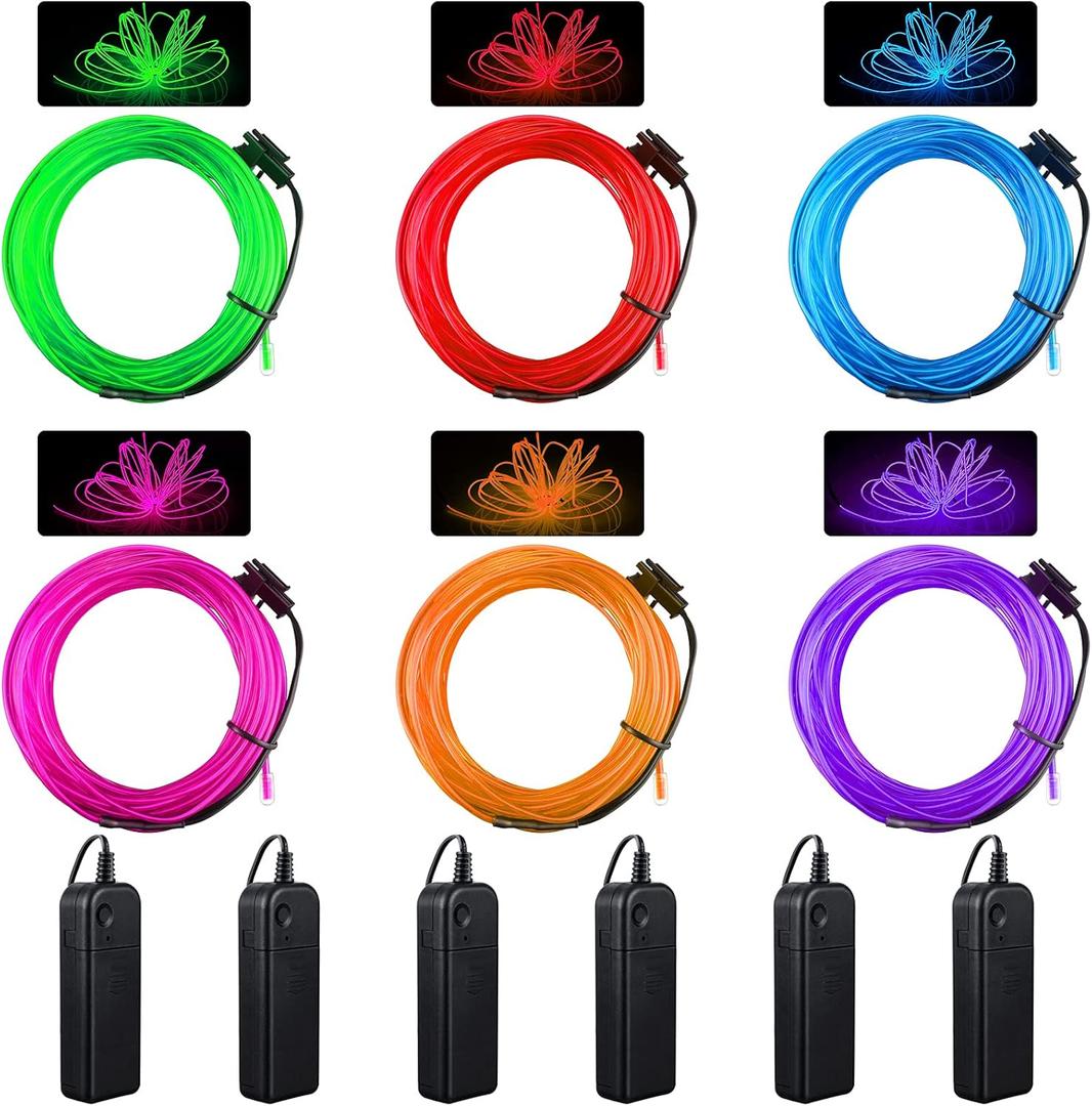 Konohan 6 Pcs Portable Wearable LED Lights Neon El Wire, Battery Operated, Glow Wire for DIY Costume, Halloween, Christmas Decorations(Red, Pink, Blue, Green, Purple, Yellow,16.4 Feet)