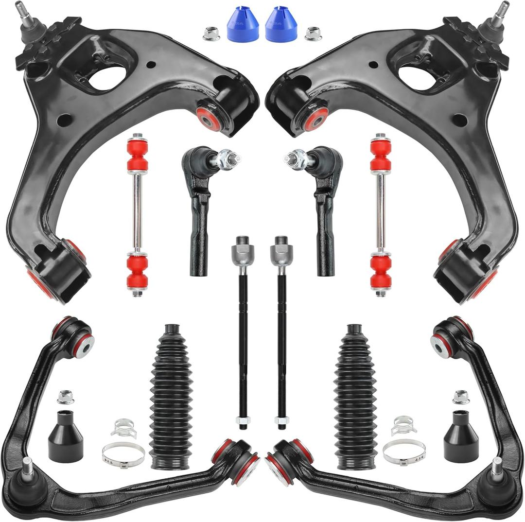RWD Front End 12pc Suspension Kit for 1999-2006 Chevy GMC Sierra Silverado 1500, 4 Lower & Upper Control Arms w/Ball Joints 2 Sway Bars 4 Tie Rods 2 Boots OE Replacement - 12 PCS