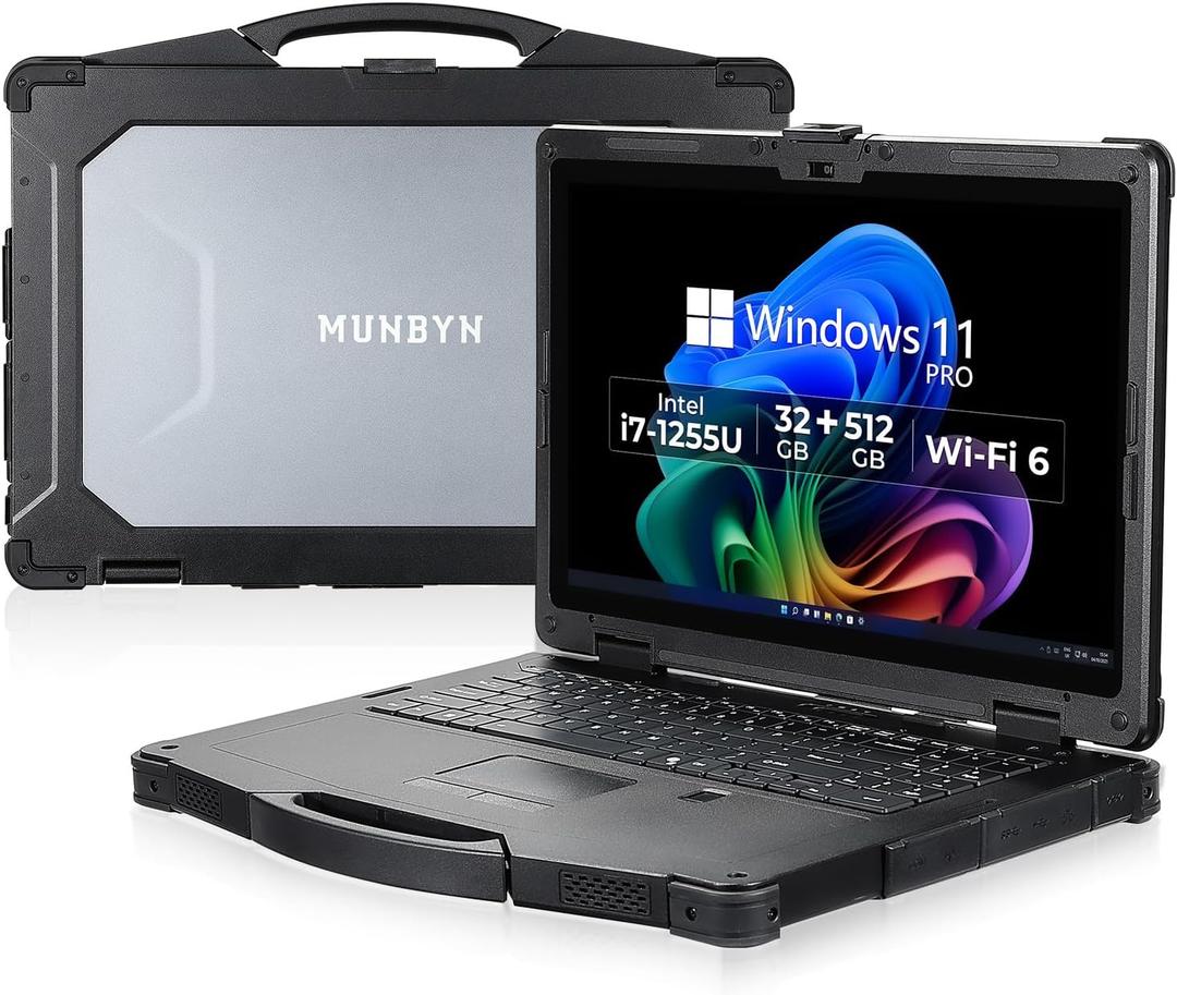 MUNBYN High-End Rugged Laptop IRX17, 15.6" Windows 11 Pro, Intel i7-1255U, 32GB DDR5+512GB SSD, 1000 Nits Sunlight Readable, Wi-Fi 6, IP65 Heavy Duty Laptop, Dual Batteries, 2Y Protection(New)