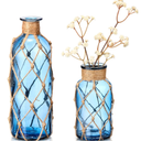 Chuangdi Set of 2 Coastal Glass Vases for Flowers Small Flower Vase with Boho Rope Wrapping Beach Decorative Bottle for Coastal Nautical Table Centerpiece Wedding Floral Arrangement Decor (Dark Blue)