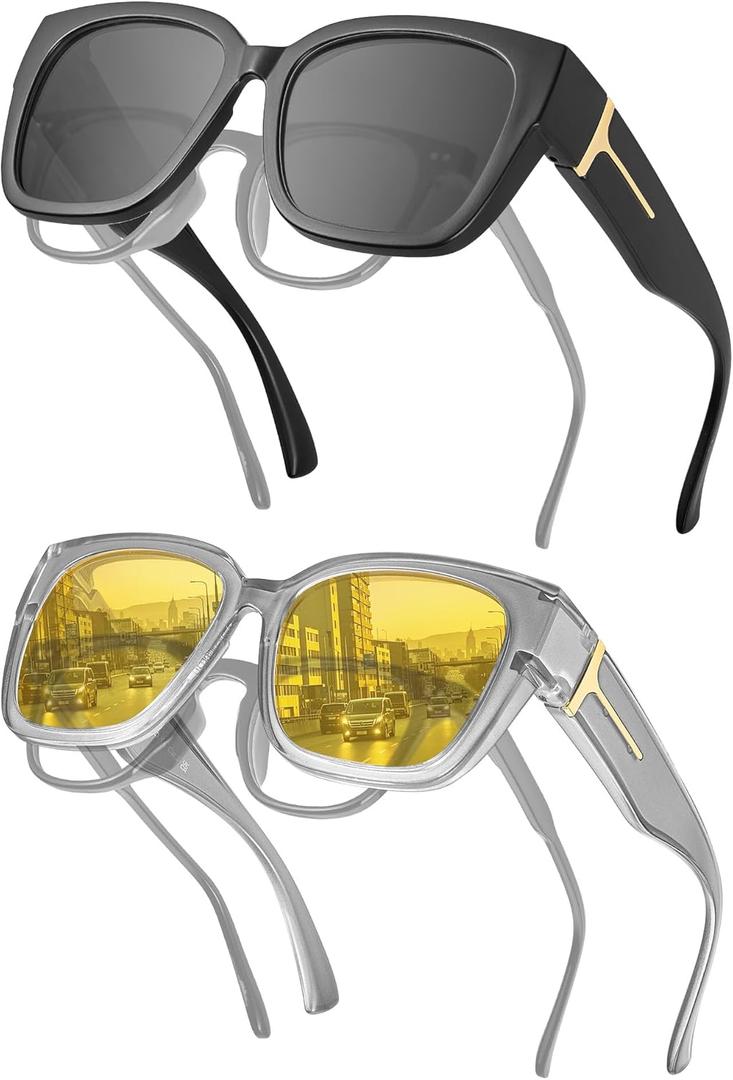 JIM HALO Polarized Sunglasses Fit Over Glasses for Men Women, Square Night Vision Glasses for Driving UV Protection 2 Packs