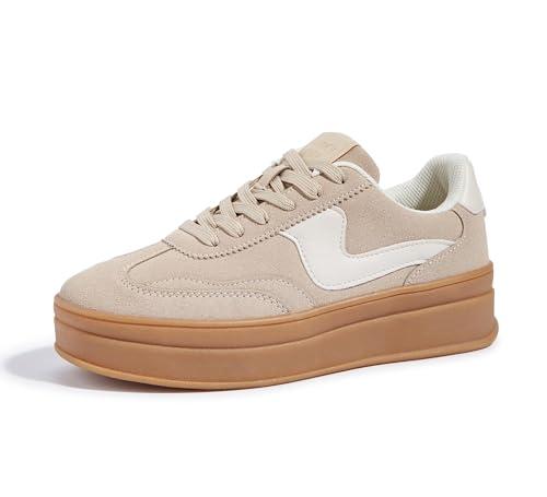 LUCKY STEP Women's Platform Fashion Sneakers Thick Sole Suede Faux Leather Classic Rubber Gum Sole Low Top Casual Walking Shoes(Beige,7 B(M) US)