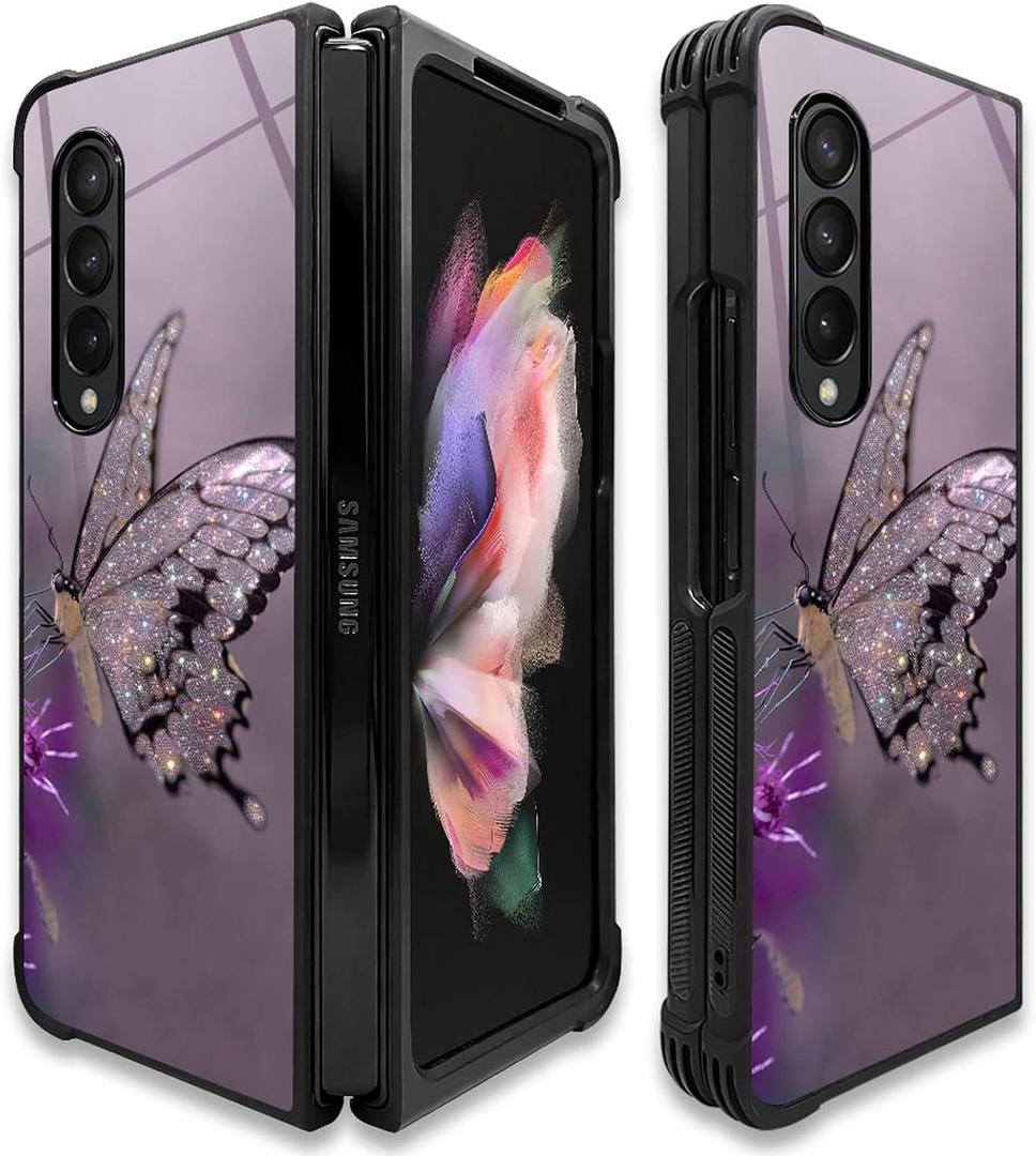 CARLOCA Compatible with Samsung Galaxy Z Fold 3 5G Case,Diamond Shiny Butterfly Identity Graphic Design Shockproof Anti-Scratch Hard Acrylic Case for Samsung Galaxy Z Fold 3 5G