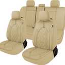 CAROMOP Luxury PU Leather Car Seat Covers Full Set-Waterproof Seat Protectors with Split Bench Seat Covers for Cars-Universal Cars Interior Covers for Sedans, SUVs, Pick-up Trucks(Beige/Beige Line)