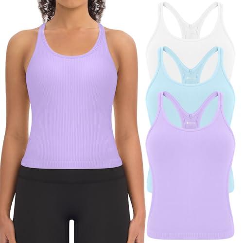 Missclub Women's Crop Tank Top Built in Bra Cropped Seamless Ribbed Racerback Gym Pilates Yoga Running Tennis Shirts (Color: Lavender, Light Blue, and White) (Size: Medium)