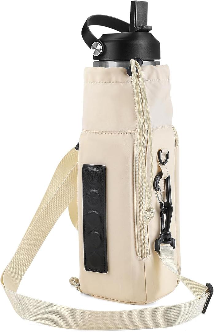 Gym Magnetic Water Bottle Holder with Adjustable Shoulder Strap and Phone Pocket,Holds 30/40oz Bottle Sleeve with Handle/Handleless,7 Card Pockets (White)