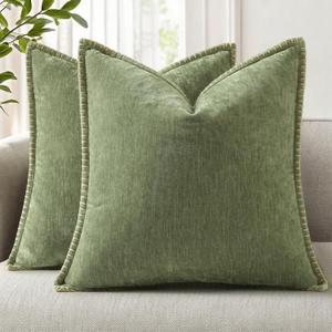 decorUhome Spring Chenille Soft Cozy Throw Pillow Covers 26x26 Set of 2, Modern Farmhouse Boho Velvet Decorative Euro Sham Pillow Cases with Stitched Edge for Couch Sofa Bed Home Decor, Olive Green