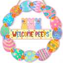 Pink Happy Easter Wreaths for Front Door Peeps Decorations for home Sign Easter Eggs Decor Wooden Wall Decor for Home Office Bathroom Living Room Door Wall Party Supplies 10x10x0.12 inches (Welcome)