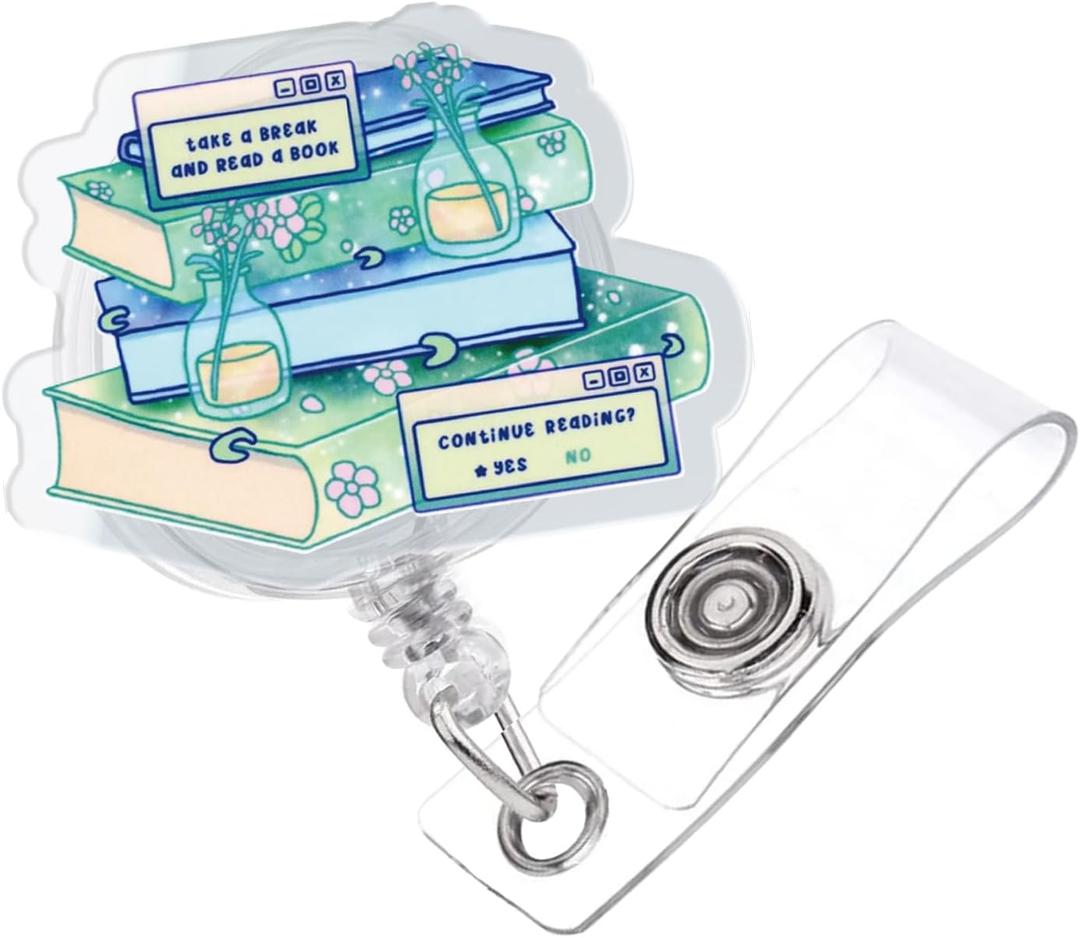 2 x Funny Book Lover Retractable Badge Reel, Pink Glitter Acrylic Badge Reel with Alligator Clip, Cute Bookish Gifts for Reader Writer Teacher Student