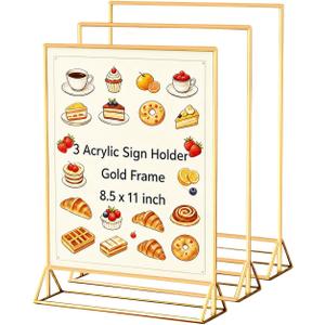 3 Pack Gold Acrylic Sign Holder 8.5 x 11 Inches, Double Sided Vertical Table Top Stand for Wedding Table Numbers, Nail Salon Price Lists, Vendor Booth, Business Store & Party Tabletop Display