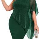 ZOMVA Plus Size One Shoulder Cape Dress Sparkly Overlay Bodycon Midi Wedding Guest Formal Cocktail Mother of Bride Outfit (3X-Large Plus, Dark Green)