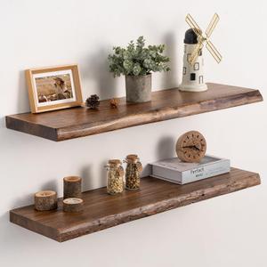 32" Live Edge Floating Shelves Set of 2, Solid Elm Wood, Vintage, 32"L, 2-Pack