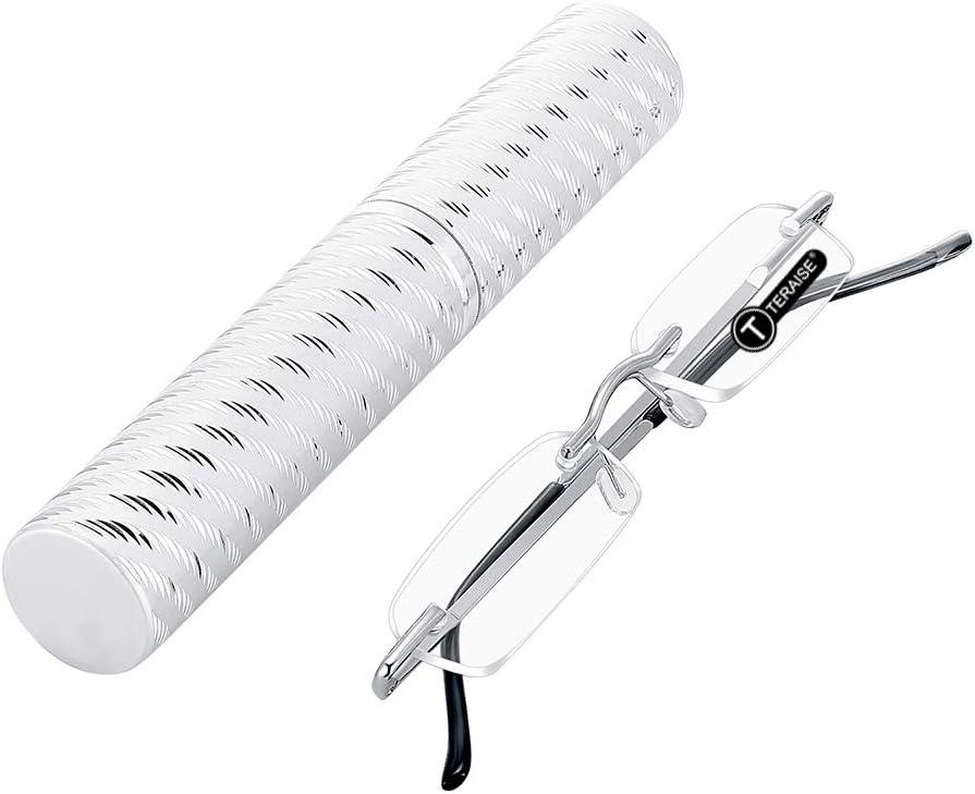 TERAISE Upgrade Lightweight Reading Glasses Frameless Readers clear lens for Men and Women w/Pen Clip Tube Case (Silver) +2.0