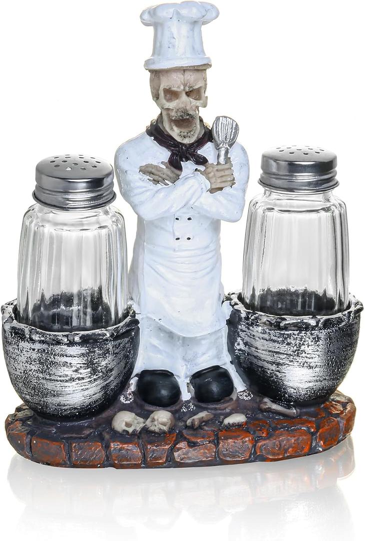 Decorative Salt and Pepper Shakers Set - Resin Skeleton Chef Figurine And Statues - Farmhouse Kitchen DCor with Glass Spice Jars