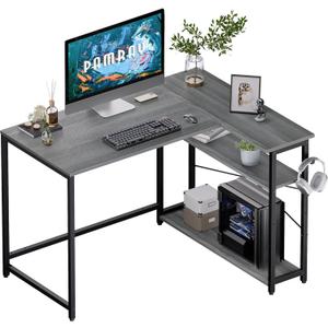 Pamray 43 Inch L Shaped Computer Desk with Reversible Side Storage Shelves, Small Corner Desk for Small Space Home Office,Writing Study Table PC Desk for Bedroom,Espresso Gray (Grey)