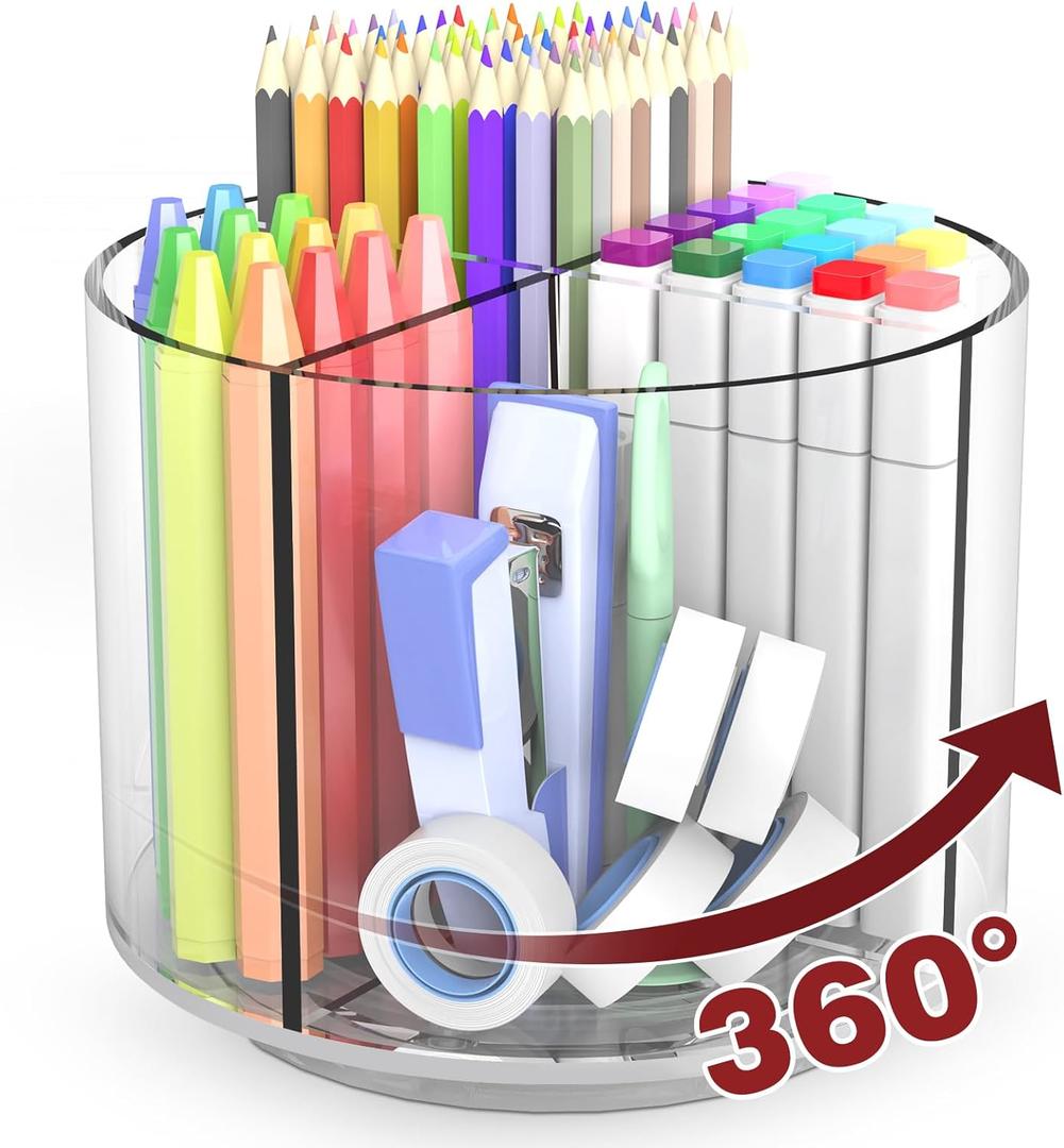 Absonic Pencil Holder for Kids, 360 Rotating Pen Holder for Desk Organizer and Storage, 4 Compartments Art Supply Marker Organizer, Pen Organizer Pencil Holder (Medium - Single - Clear - No Handle)