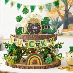 WDS WONDROUS St Patricks Day Decorations 6-Piece Set, Wooden Beer Mug Rainbow Gold Pot Boot Shamrock Hanging Ornaments with Lucky Banner for Wall Door Party Home Decor Spring Decor