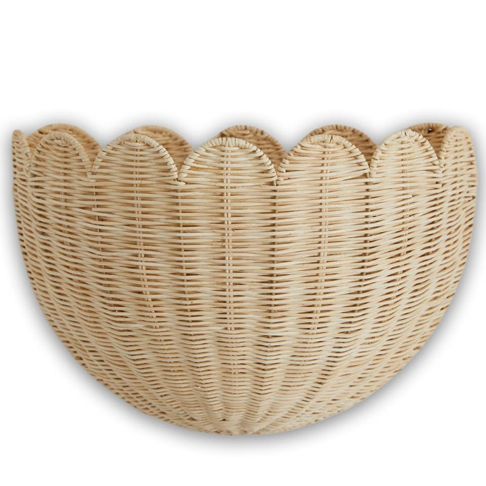 Scalloped Wicker Wall Basket - Rattan Hanging Storage Organizer, Decorative Basket for Nursery, Bathroom, Front Door, Perfect for Flowers, Mail, Toys