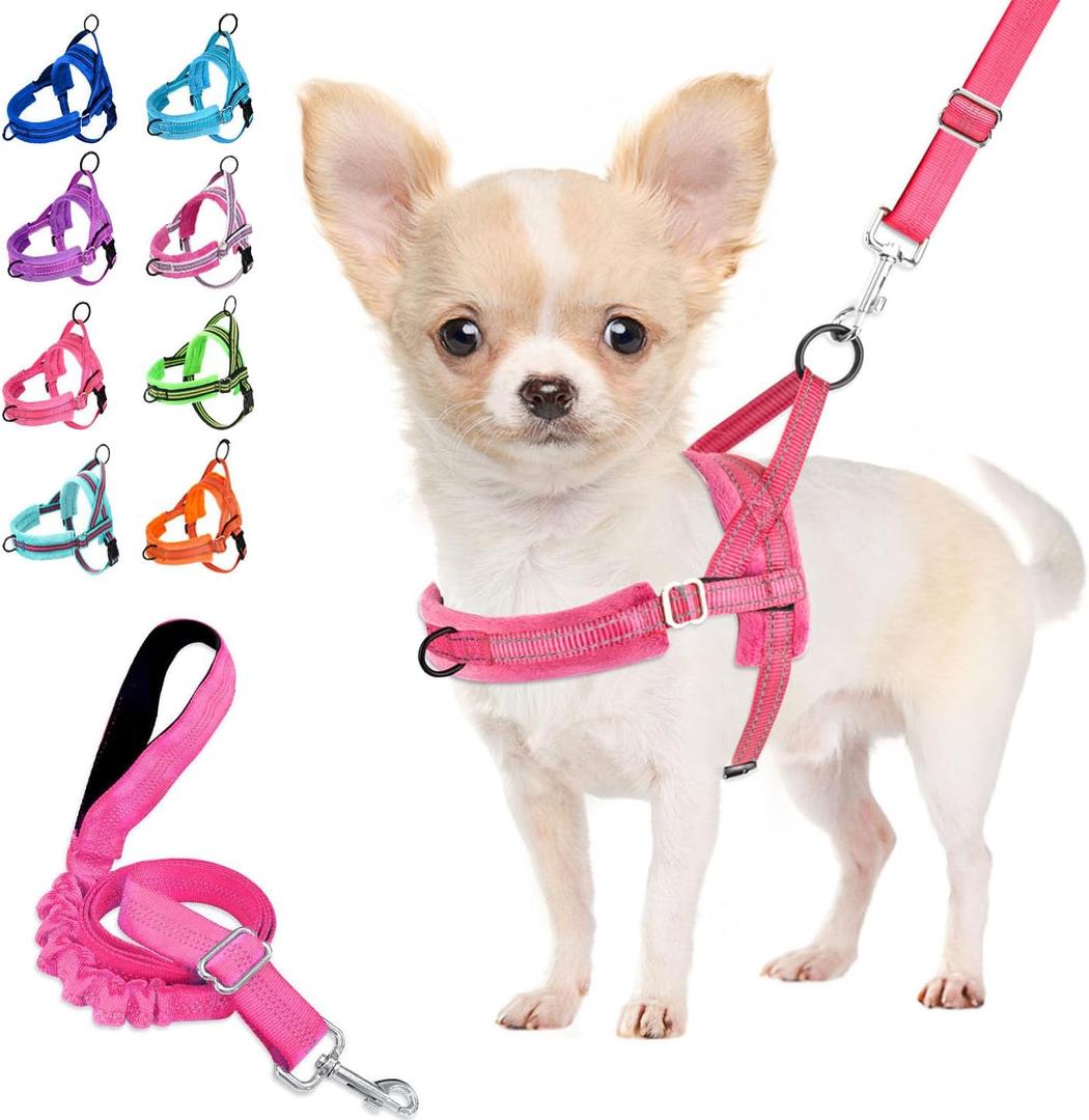 Lukovee No Pull Dog Harness and Leash Set, Soft Padded Small Dog Harness, Neck & Chest Adjustable Reflective Vest Puppy Harness with 4ft Lightweight Anti-Twist Dog Leash for Small Dogs (XXS, Pink) (