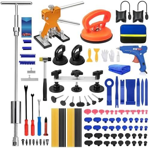 129pcs Dent Puller Kit, Paintless Dent Repair Kit for Dent Removal, Paintless Dent Removal Kit with T-Bar, Bridge Puller, Golden Lifter, Car Dent Puller Kit for Hail Damage Door Ding Fridge