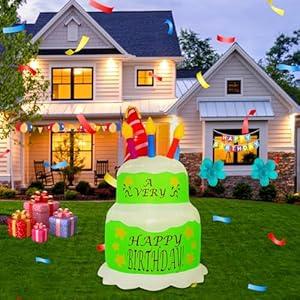 InfleasJoiy 4FT Inflatable Birthday Decoration Inflatable Cake with Built-in LED Light for Indoor and Outdoor Yard Lawn Decoration