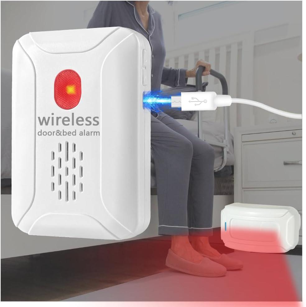 Rechargeable Door&Bed Exit Alarm for Elderly Dementia Patients,Wireless Bed Alarm for Elderly Adults,Bed Alarms and Fall Prevention for Dementia Patients with 5 Types of Reminders