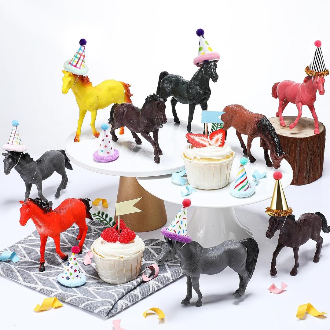 18 Pcs Horse Birthday Party Decorations Mini Birthday Hat Animal Figure Model Cake Toppers with Mini Hat for Birthday Party, Animals Themed Party