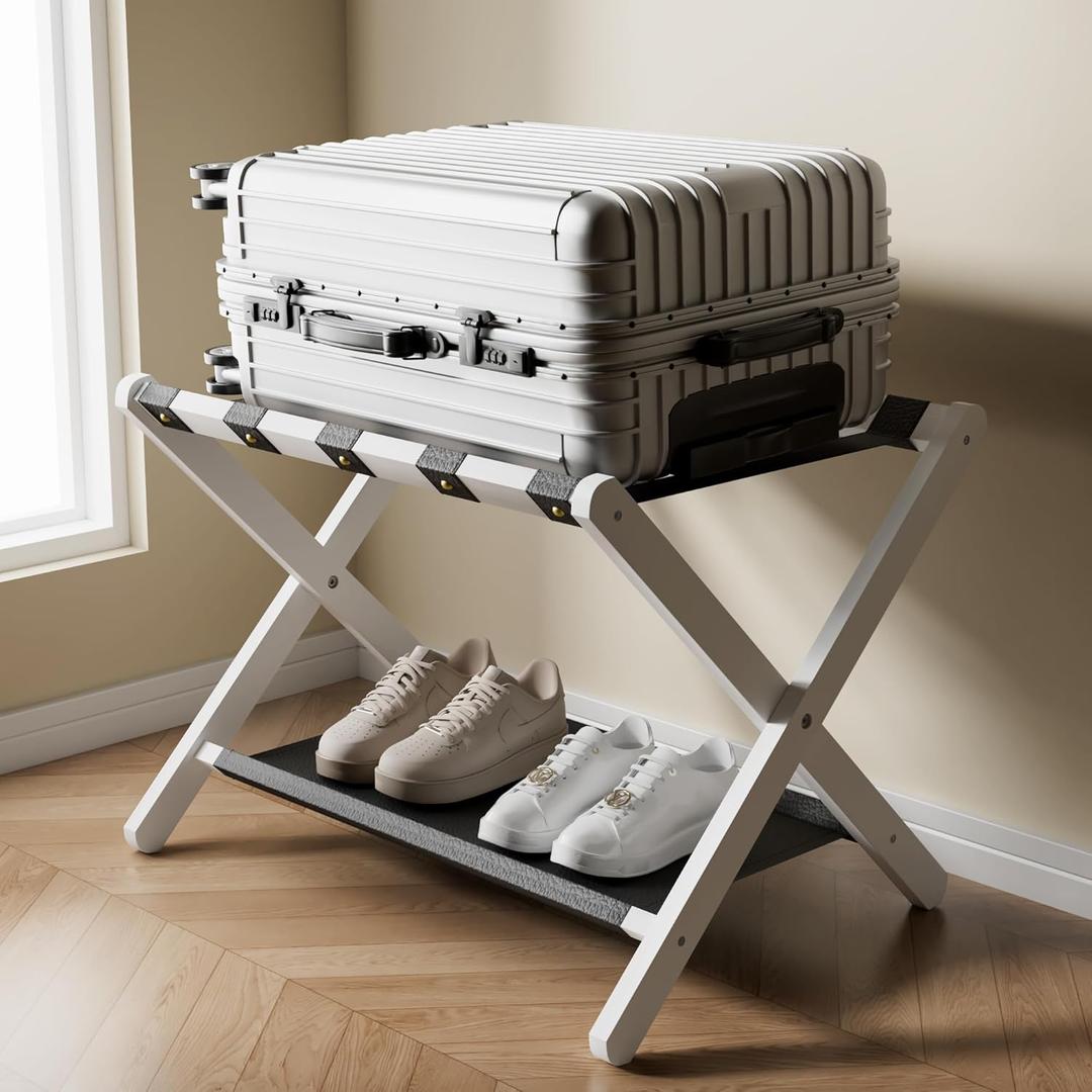 Luggage Rack, Solid Oak Wood Folding Suitcase Stand with Storage Shelf, Luggage Stand with Leather Straps for Guest Room, Bedroom, Hotel, White
