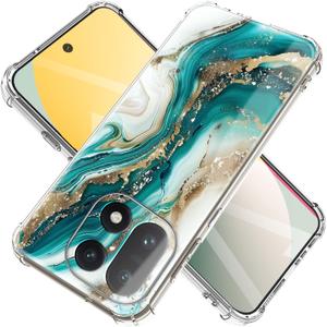 for oneplus 15 Case 5G [Buffertech Military-Grade Drop Protection] [Anti Peel Off Tech] Clear TPU Marble and Flowers Bumper Phone Case Cover Design (Green Gold)