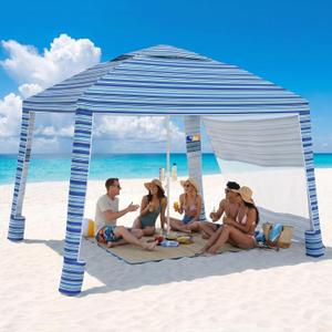 Sekey Beach Cabana - 8x8 FT Easy Setup Beach Shade Canopy UPF 50+ Sun Shelter with Sandbag & Side Wall, Large Portable Outdoor Tent for Family, Light Blue Stripe