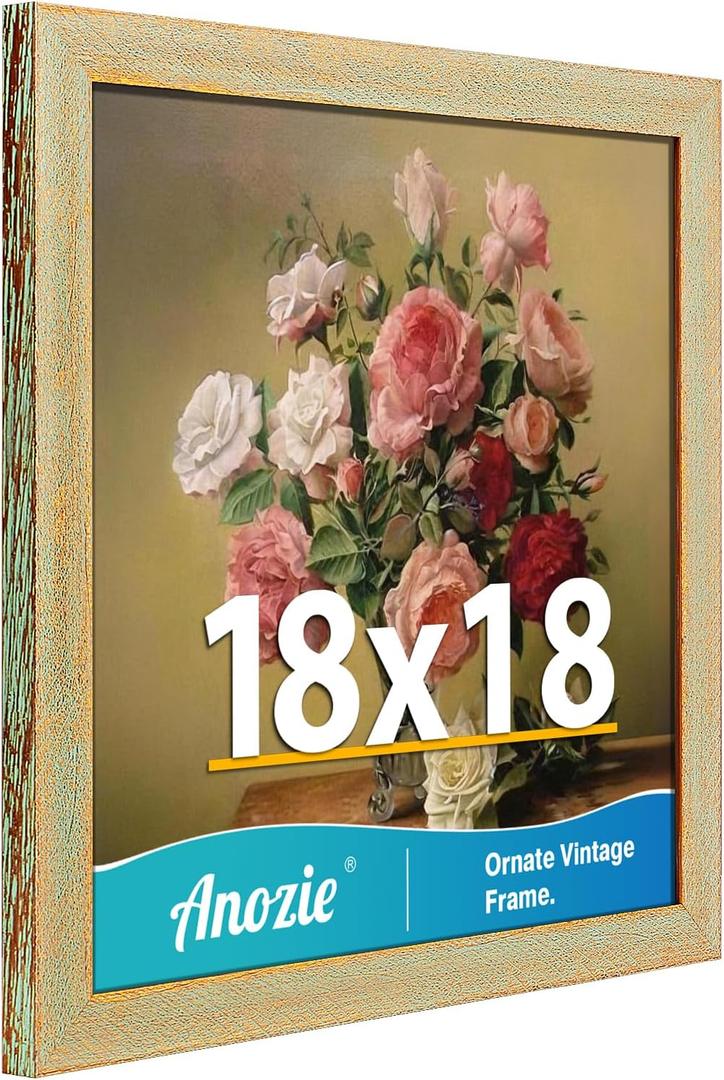 18x18 Frame, Vintage 18x18 Picture Frame Plexiglass for Wall Display, Square Rustic 18x 18 Poster Frame, Antique Gold Green Collage Gallery Wall Picture Frames, Widen Border