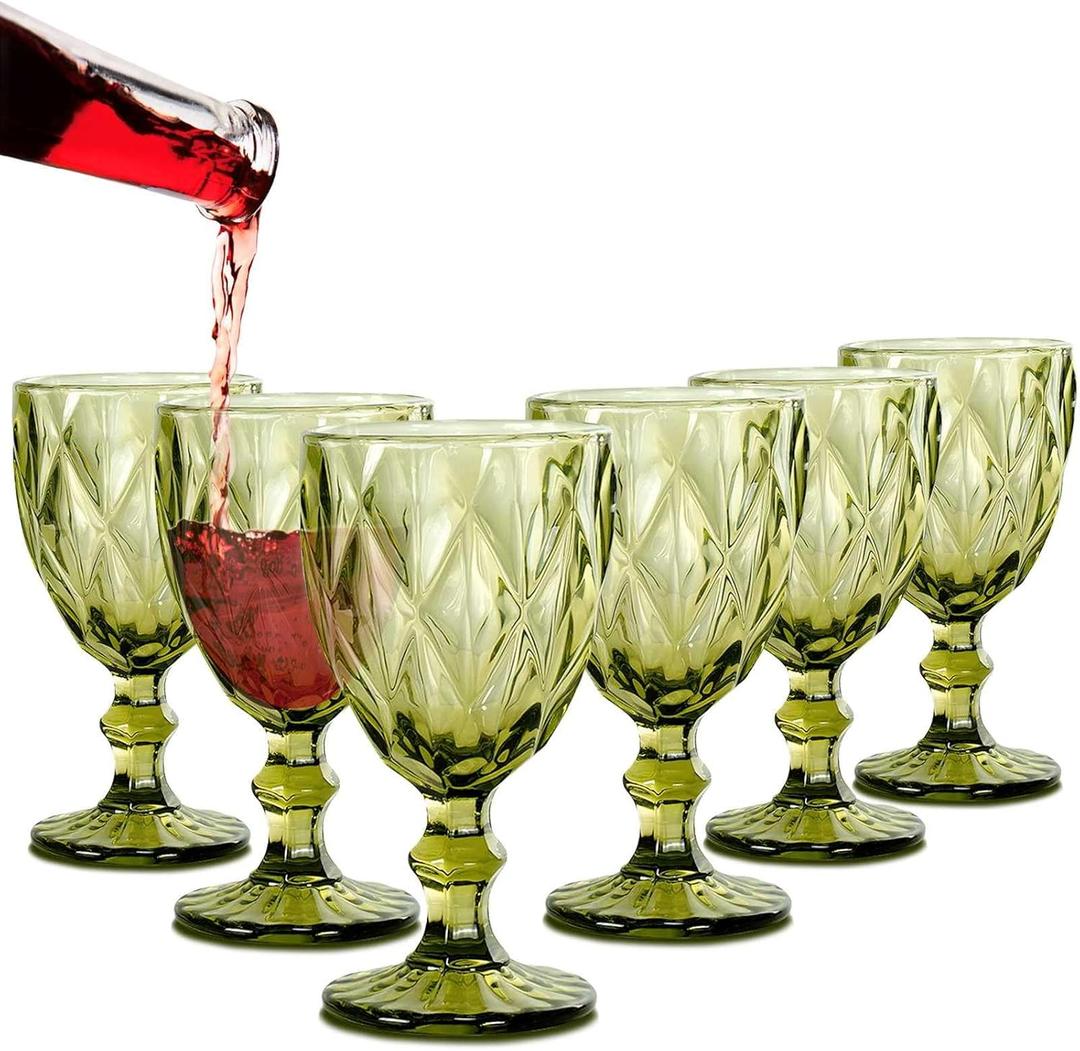 Vintage Colored Green Wine Glass Goblets Glassware Set of 6, 10 OZ Unique Rhombus Textured Drinking Glasses for Wedding Party, Colorful Water Goblets Drinkware for Wine Cocktail Juice (Green Rhombus-Textured)